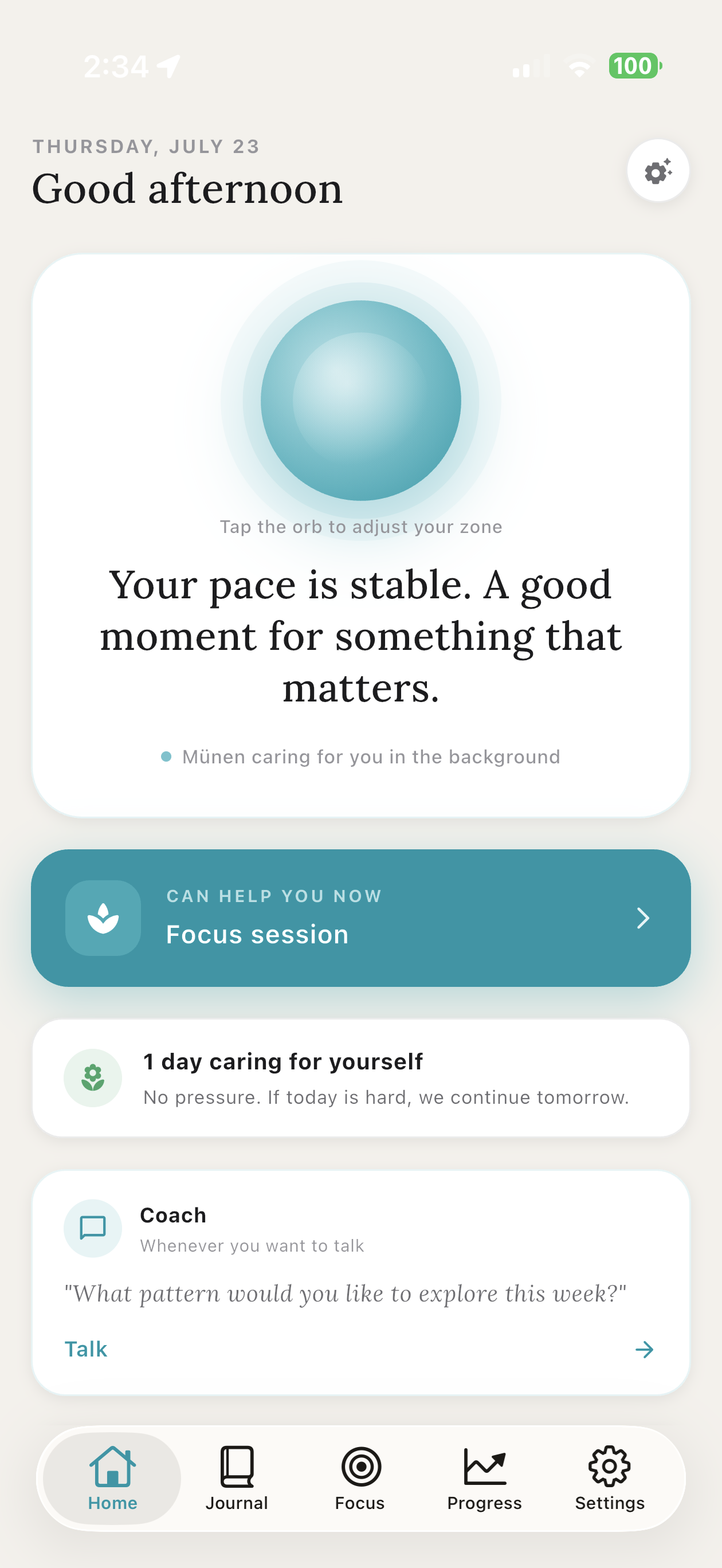 Munen home screen with the breathing orb and the zone of the day