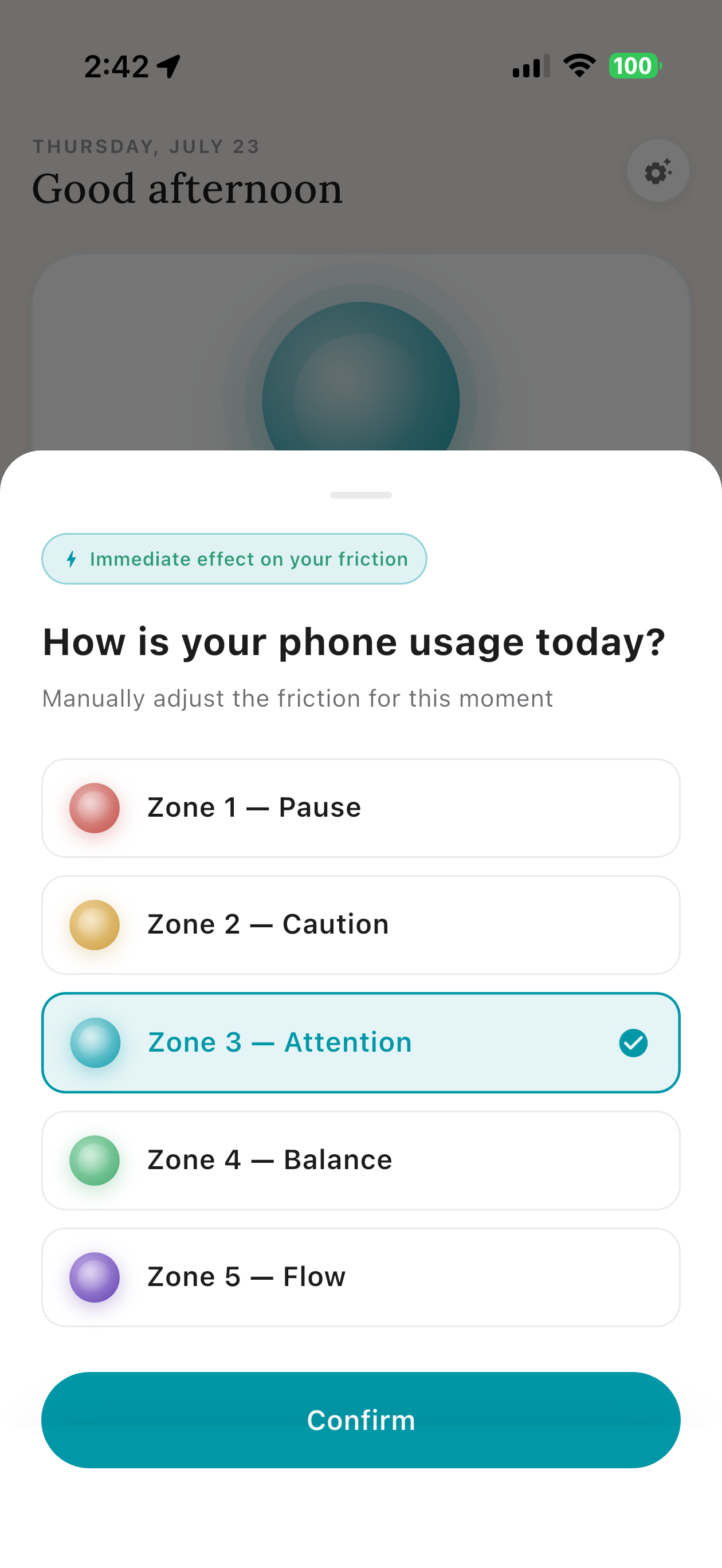 Munen zones screen showing the five zones, from Pause to Flow