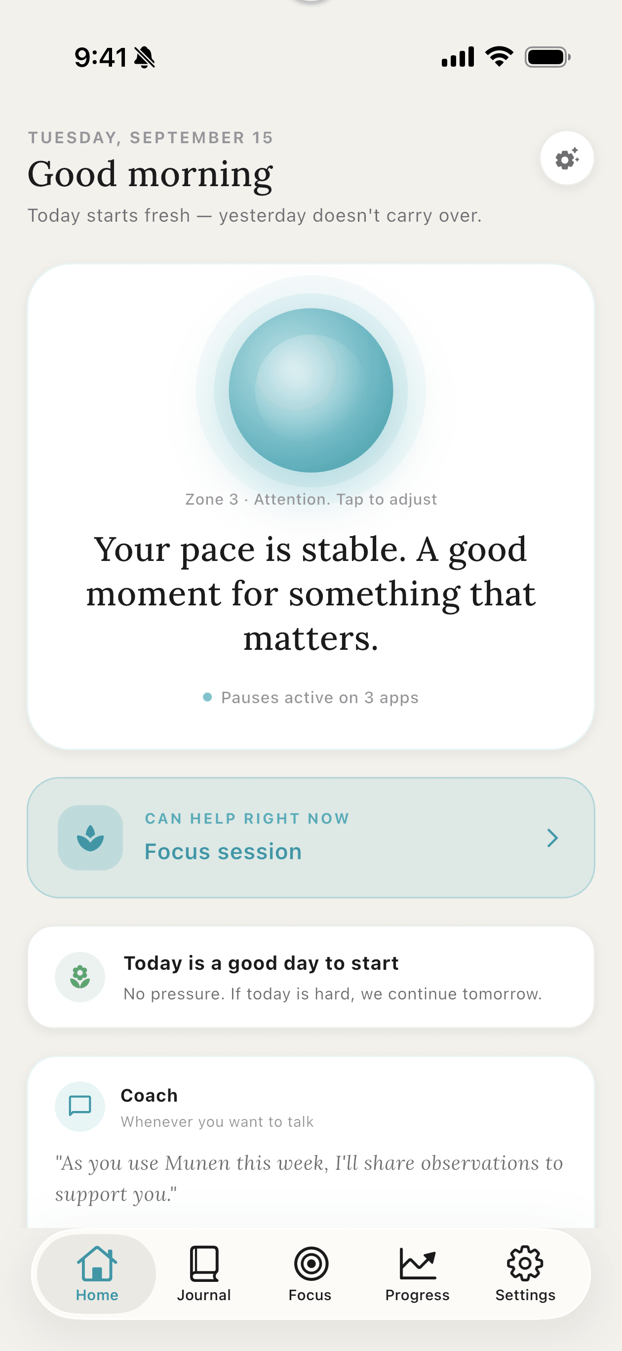 Munen home screen showing today's zone and the breathing orb