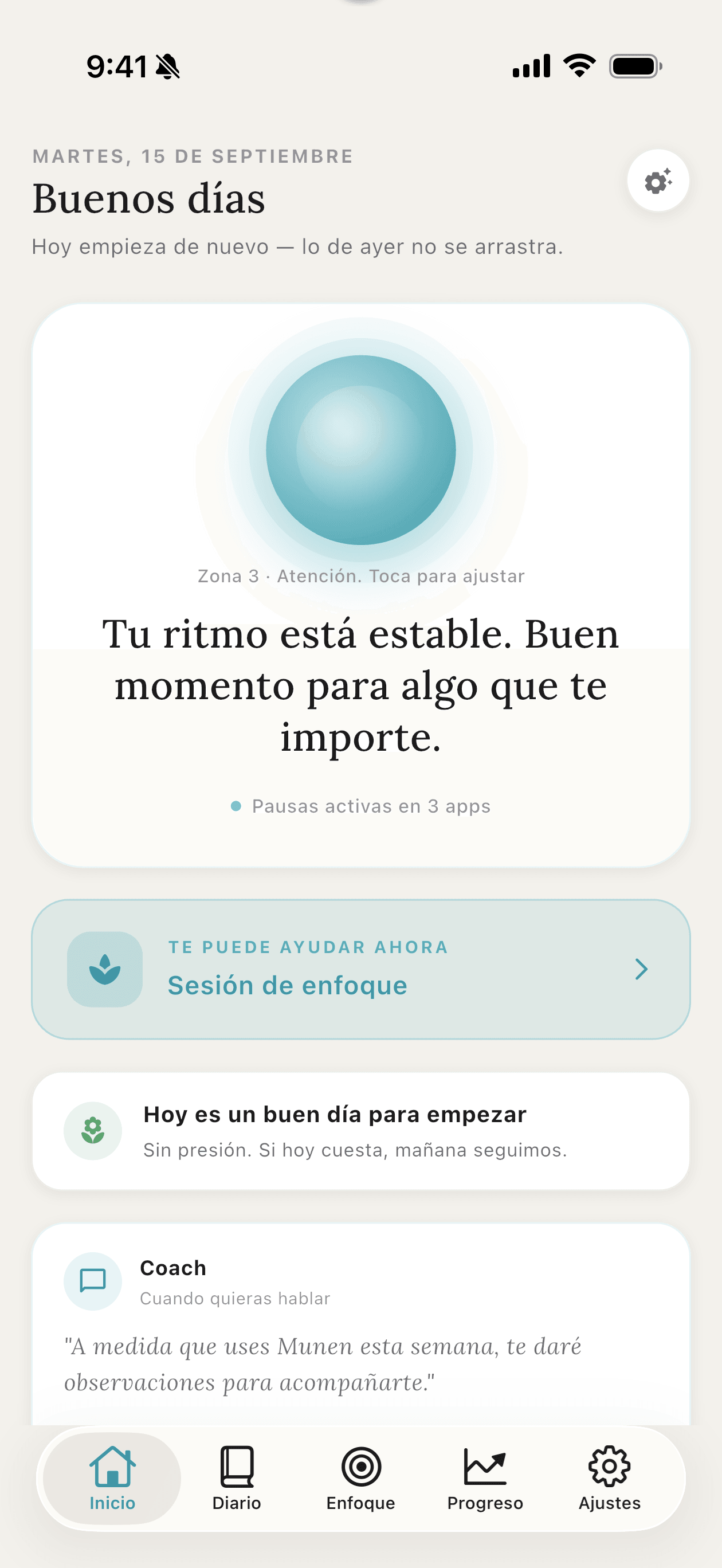 Pantalla principal de Munen con la zona del día y el orbe que respira